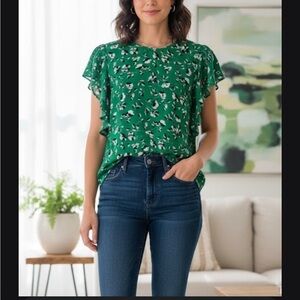 Lauren Ralph Lauren Emerald and Ivory Patterned Blouse